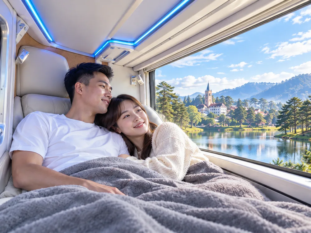 Cặp đôi thư giãn bên cửa sổ cabin — ảnh minh họa